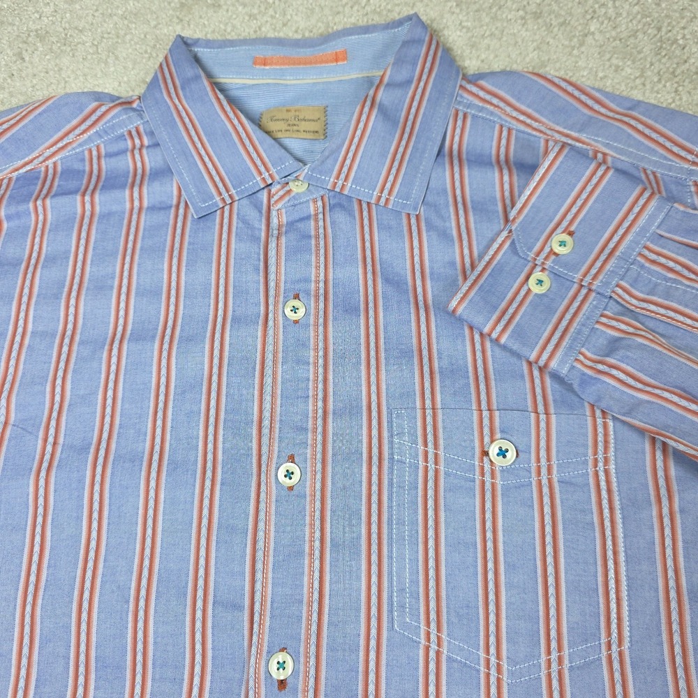 Tommy Bahama Jeans Shirt Mens Large‎ Blue Red Stripe Cotton Long Sleeve Casual